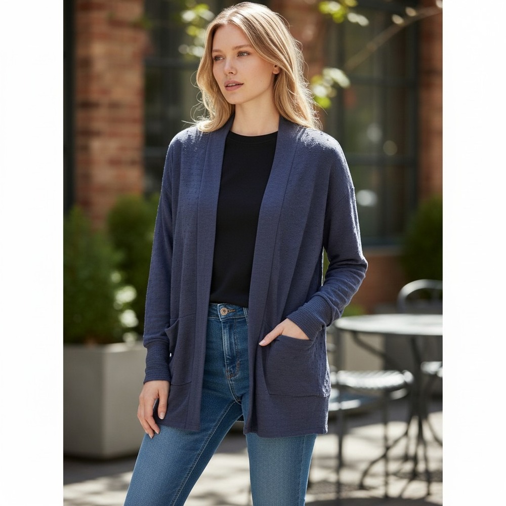 Maurices Womens Navy Blue Clip Dot Open Front Cardigan Sweater Large Pockets